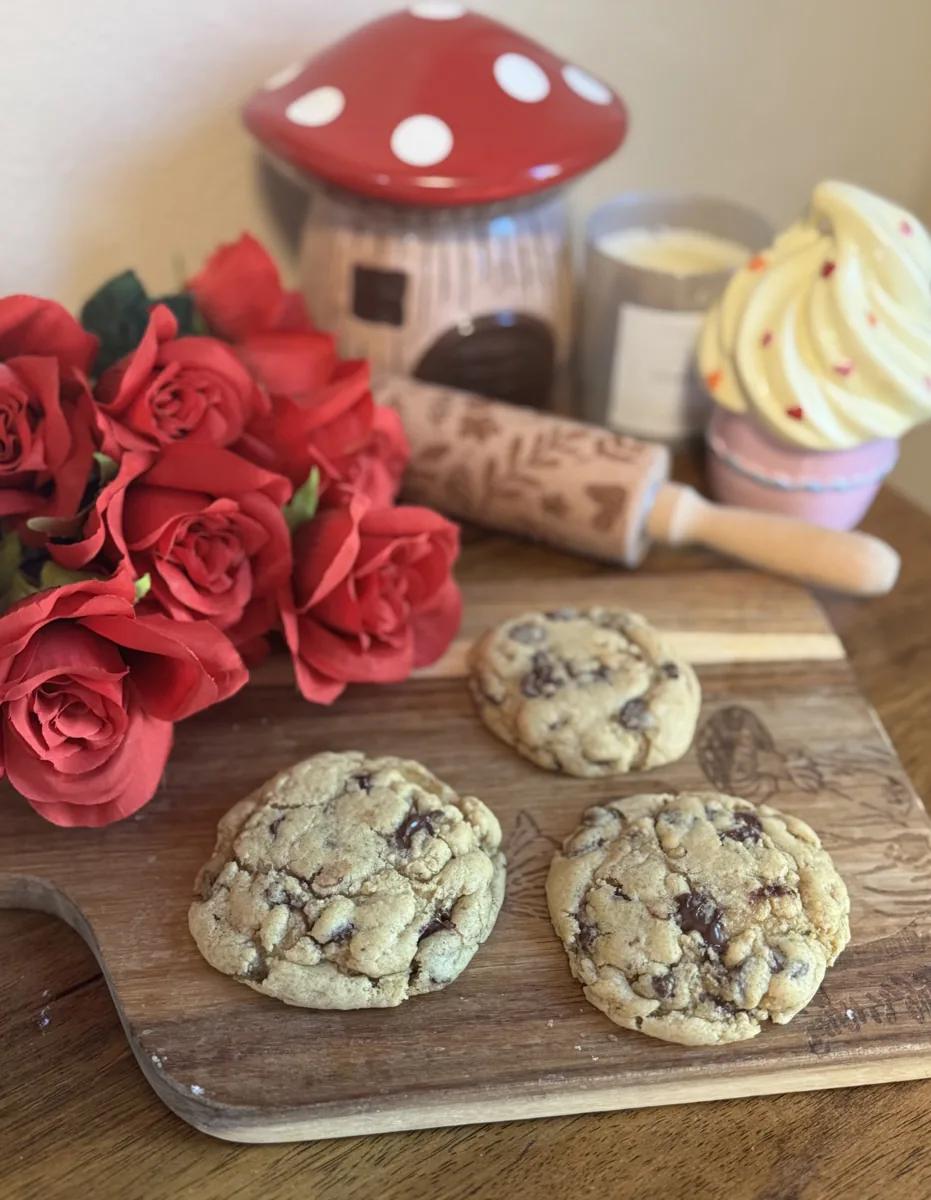 Chocolate chip cookies on a wooden serving board